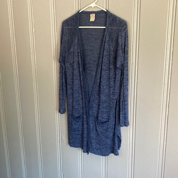 SOLD Blue Draped Knit Angle Front Duster Cardigan Split Hem Sides W/ Pockets- M - Picture 5 of 7